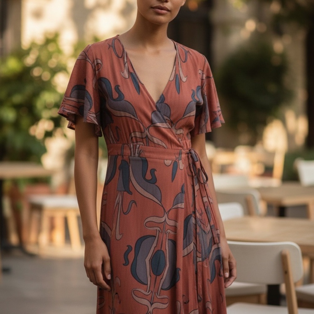 Free People Women Brick Tulip Sleeve Wrap Maxi Dress XS  Boho Art Deco Pattern